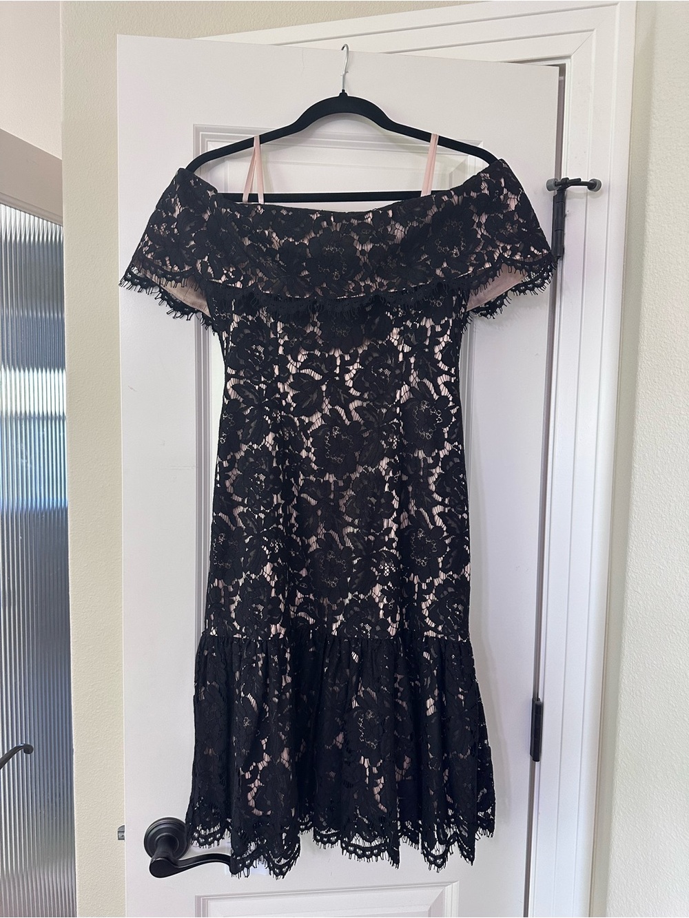 Eliza J Black Lace One-Shoulder Dress with Nude Underlay